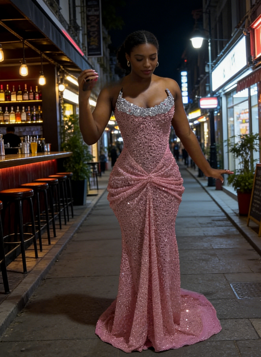 Sexy Sheath Strapless Evening Dress Long Tulle Pink Prom Dress ED07358