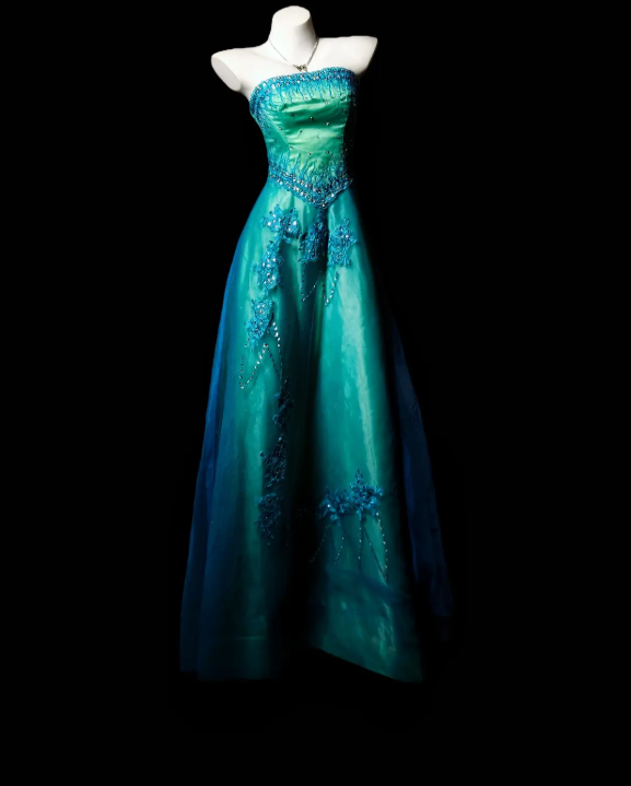 Vintage A-Line Strapless Evening Dress Long Tulle Green Appliques Prom Dress ED07360