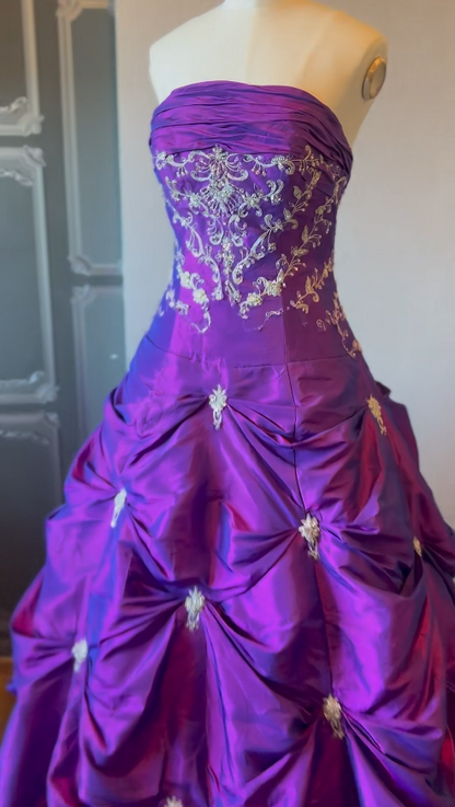 Robe de soirée vintage trapèze sans bretelles, longue robe de bal en satin violet ED07361