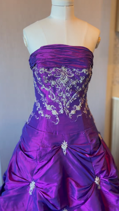 Robe de soirée vintage trapèze sans bretelles, longue robe de bal en satin violet ED07361
