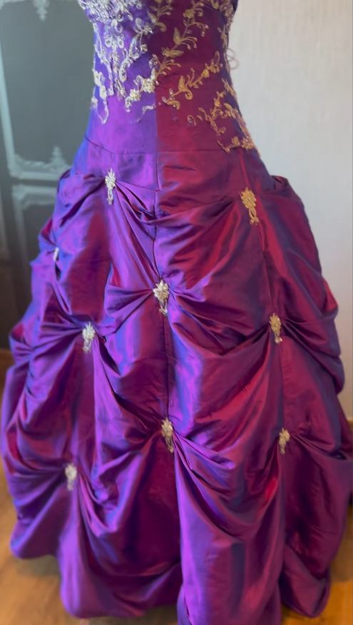 Robe de soirée vintage trapèze sans bretelles, longue robe de bal en satin violet ED07361