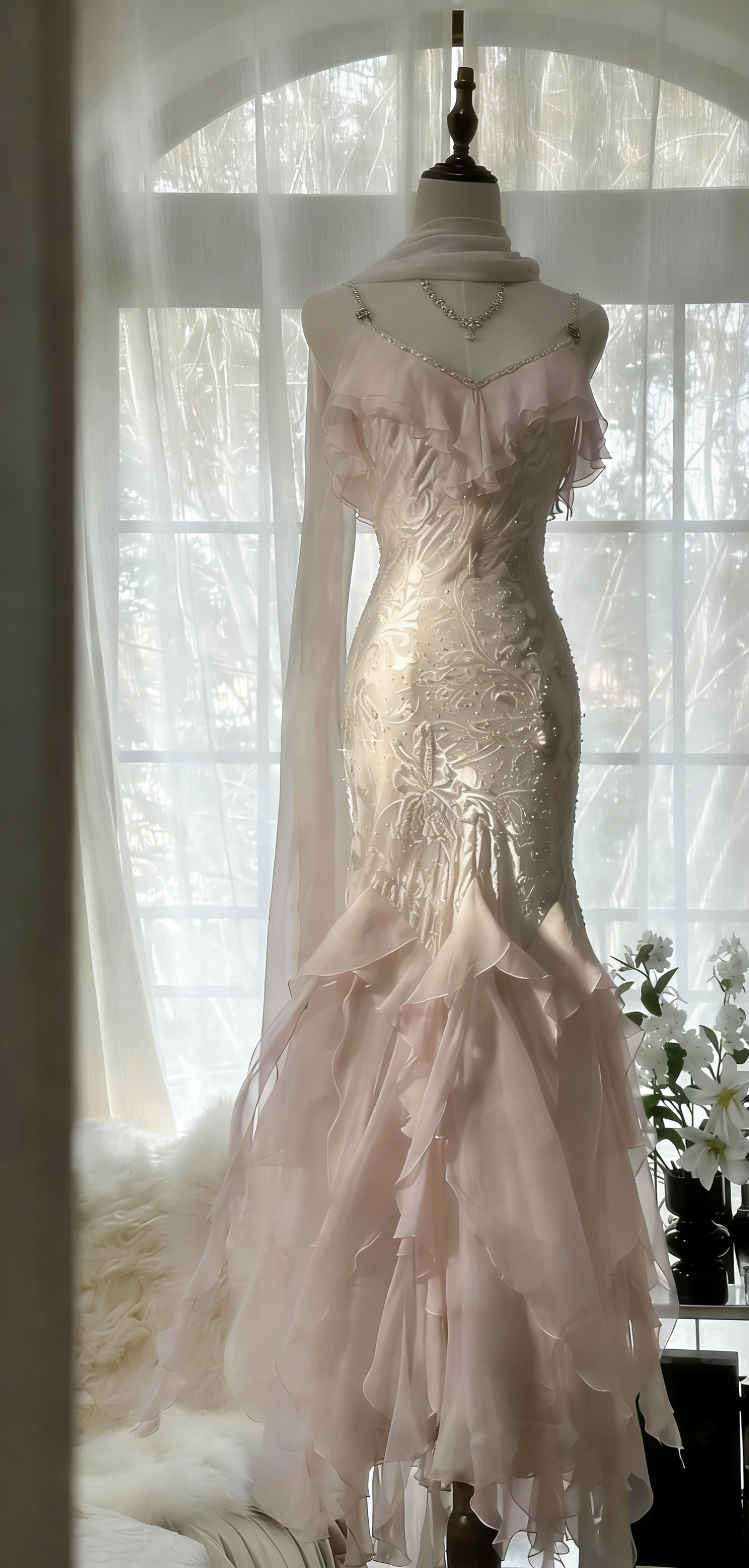 Robes de bal romantiques rose pâle en mousseline, robes de soirée longues sirène perlées, robes d'anniversaire féeriques à volants ED07363