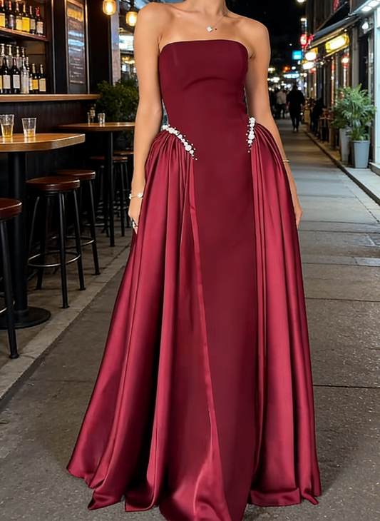 Simple A-Line Strapless Evening Dress Long Satin BurgundyProm Dress ED07365