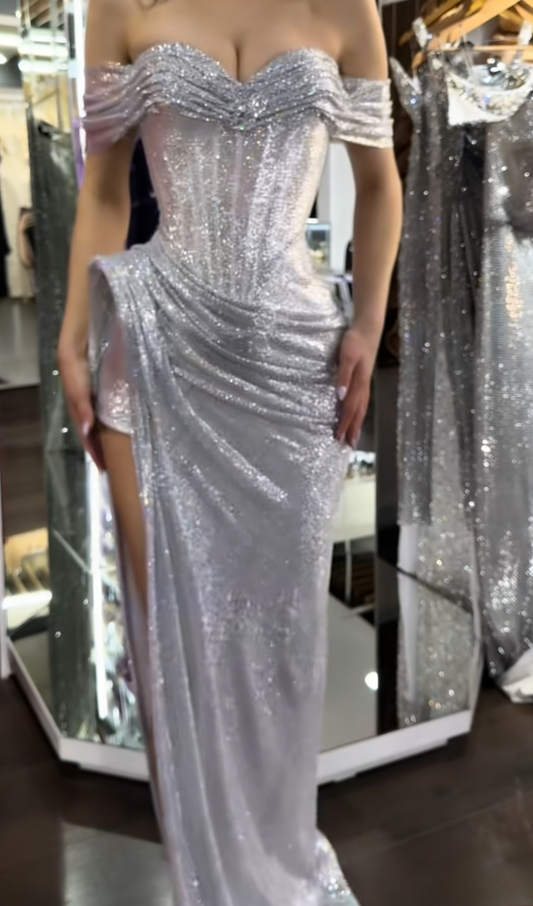 Fashion Sheath Off-shoulder Evening Dress Long Tulle Silver Prom Dress  ED07366