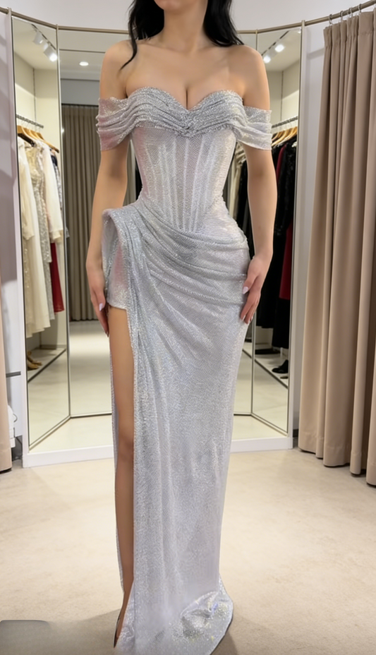 Fashion Sheath Off-shoulder Evening Dress Long Tulle Silver Prom Dress  ED07366