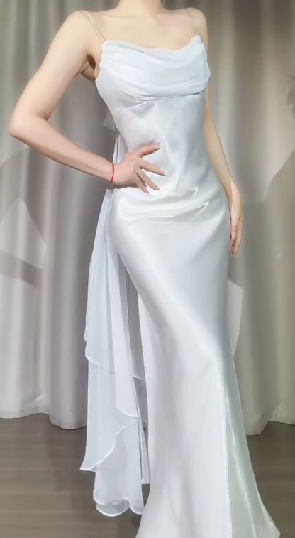 Robe de soirée fourreau chic à fines bretelles, longue en satin et mousseline blanche, robe de bal ED07367