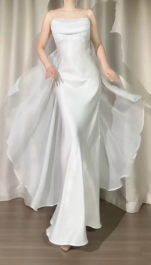 Robe de soirée fourreau chic à fines bretelles, longue en satin et mousseline blanche, robe de bal ED07367