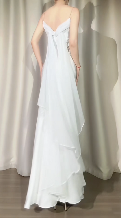 Robe de soirée fourreau chic à fines bretelles, longue en satin et mousseline blanche, robe de bal ED07367