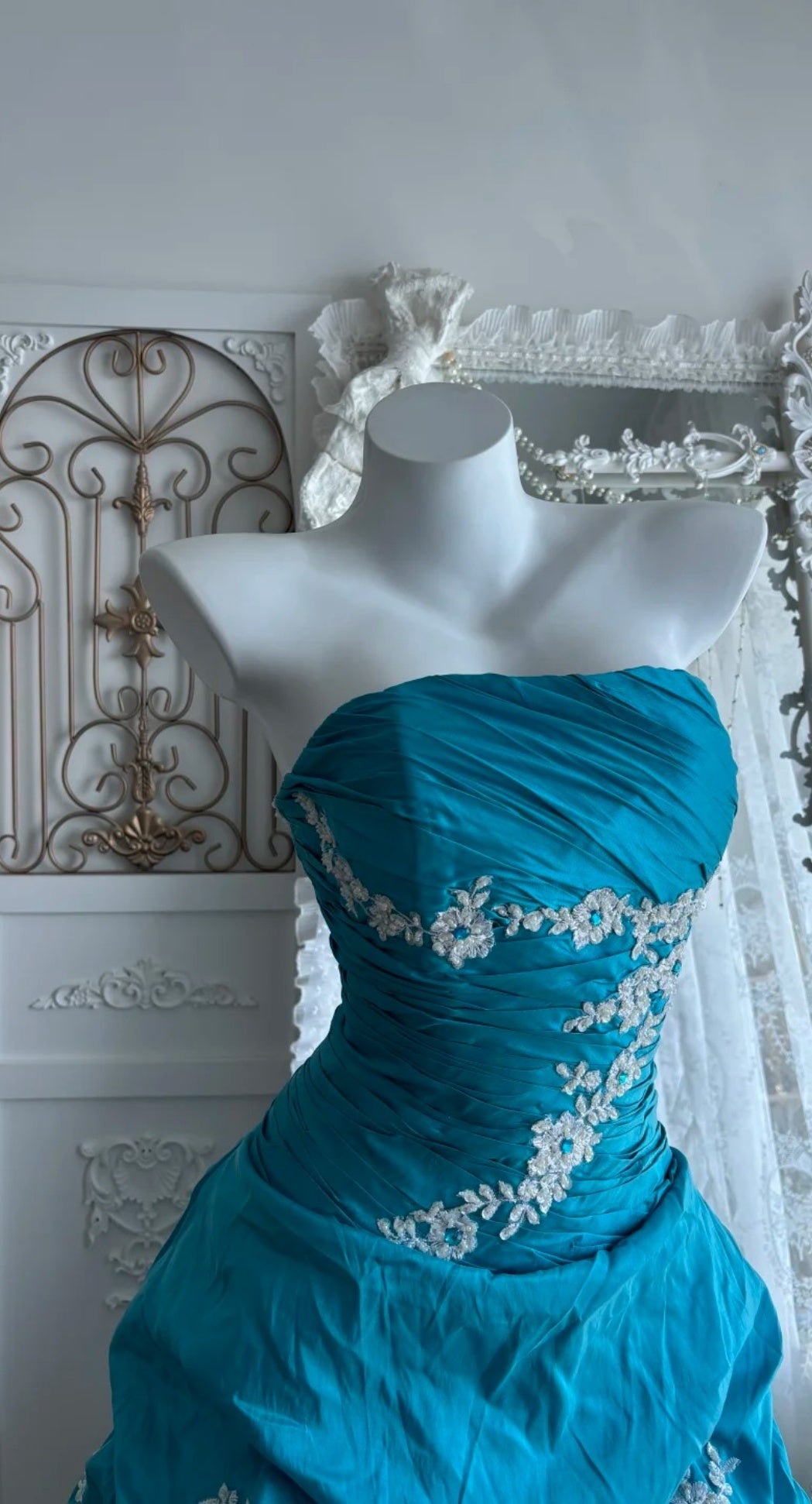 Chic A-line Strapless Evening Dress Long Satin Blue Prom Dress ED07368