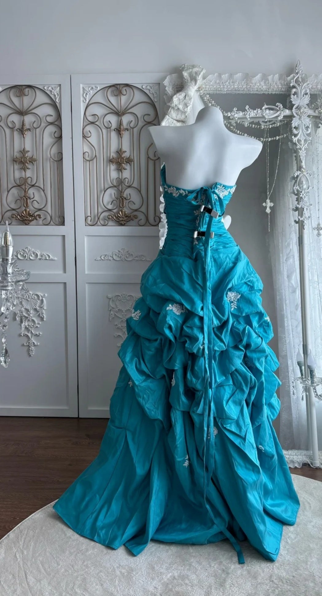 Chic A-line Strapless Evening Dress Long Satin Blue Prom Dress ED07368