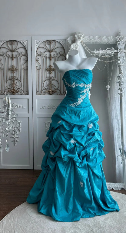 Chic A-line Strapless Evening Dress Long Satin Blue Prom Dress ED07368