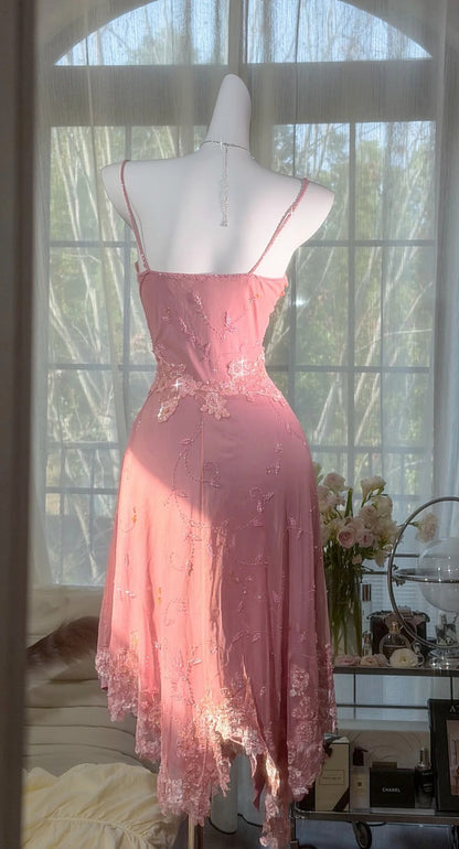 Classy Pink Prom Dress Beaded Chiffon Sheath Spaghetti Straps Short Birthday Dress Evening Dress ED07370