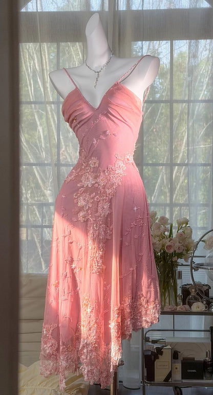 Classy Pink Prom Dress Beaded Chiffon Sheath Spaghetti Straps Short Birthday Dress Evening Dress ED07370