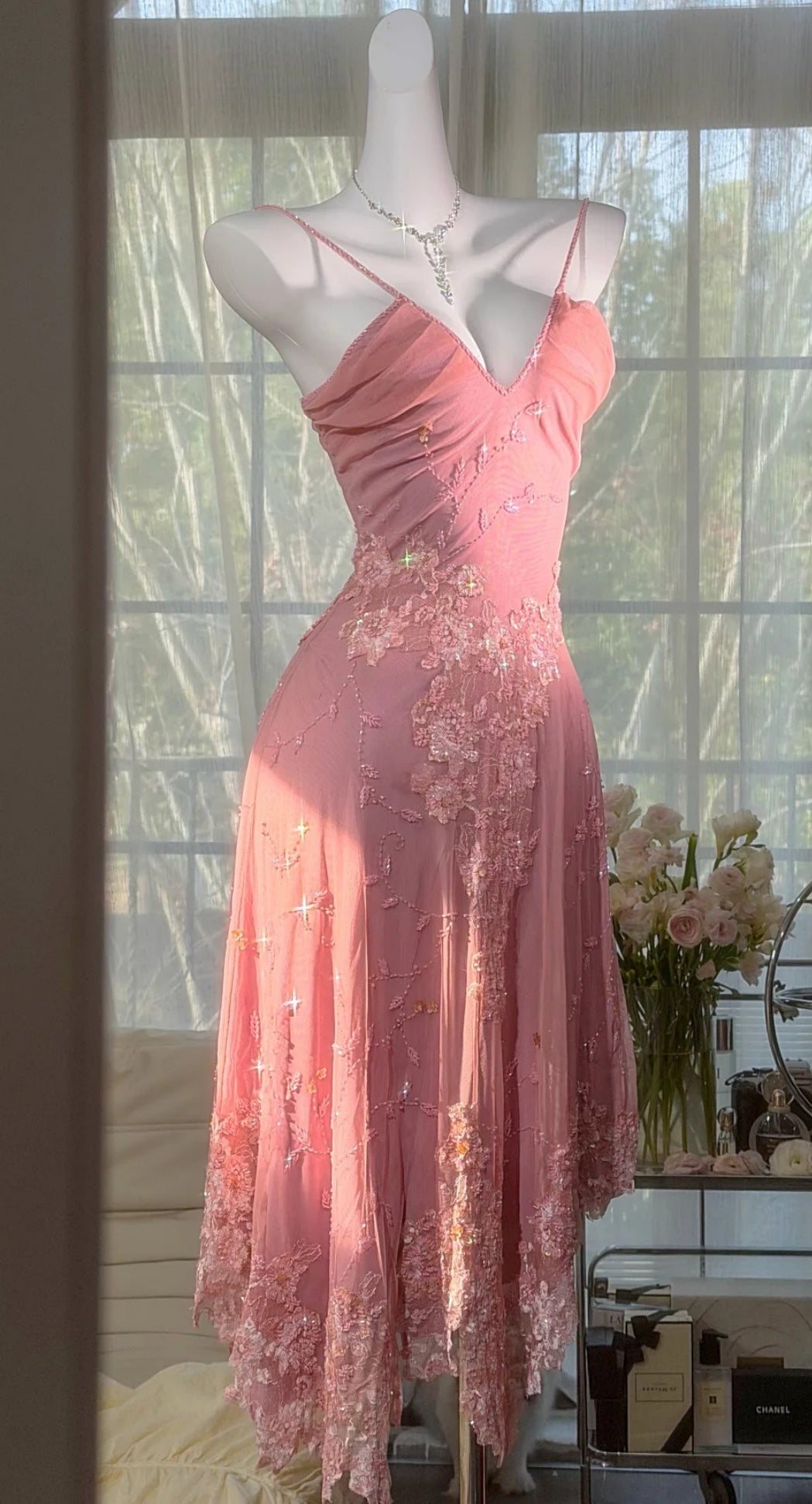 Classy Pink Prom Dress Beaded Chiffon Sheath Spaghetti Straps Short Birthday Dress Evening Dress ED07370
