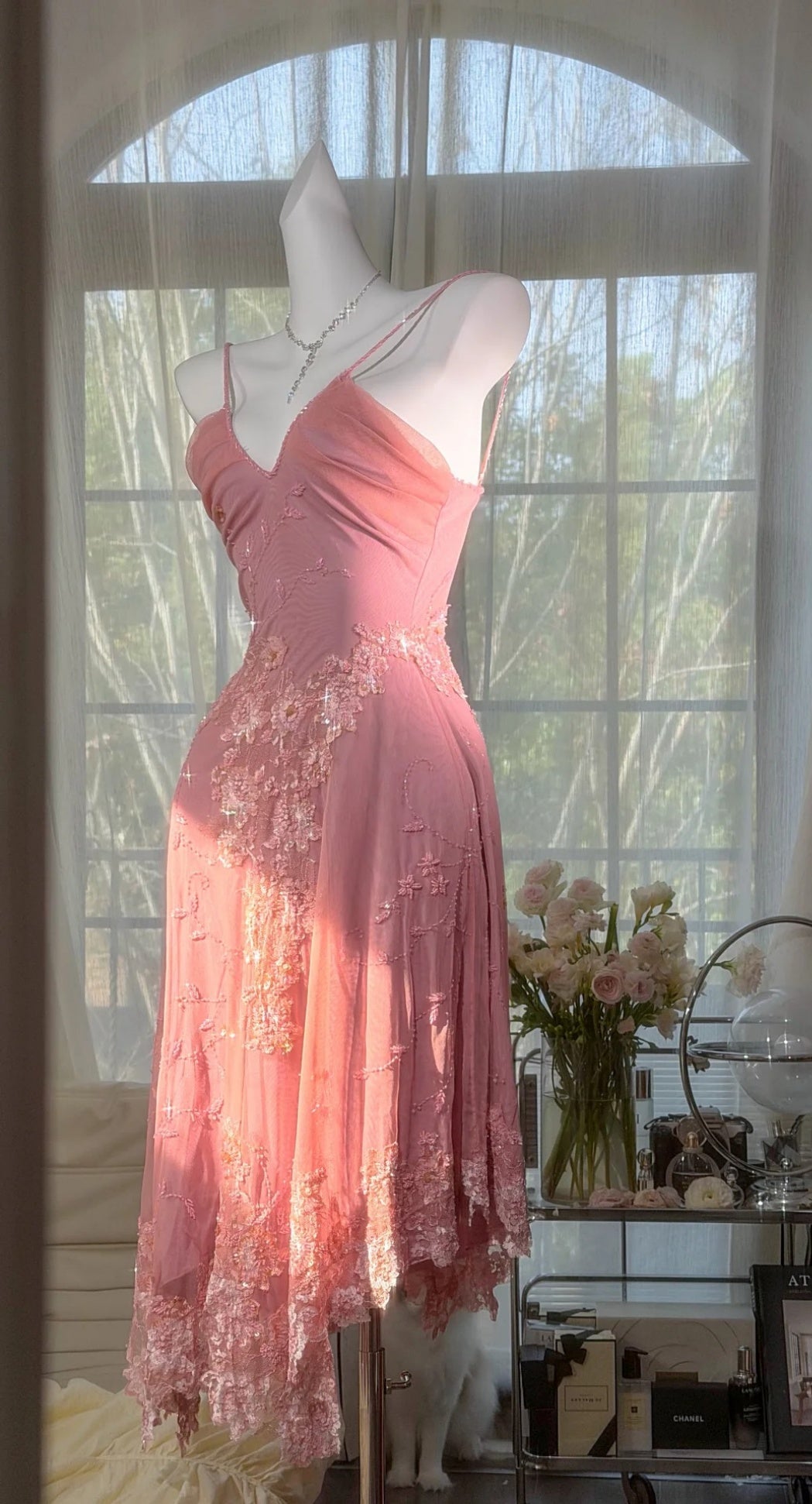 Classy Pink Prom Dress Beaded Chiffon Sheath Spaghetti Straps Short Birthday Dress Evening Dress ED07370