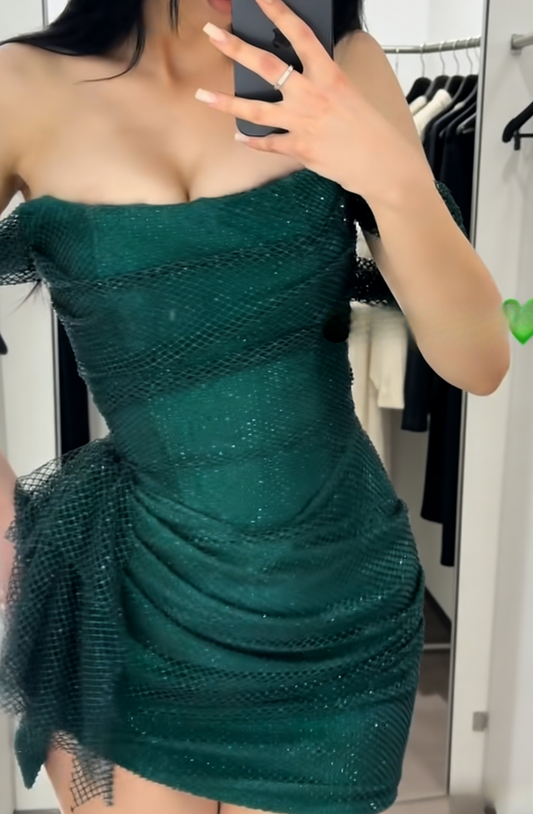 Fashion Sheath Off-shoulder Birthday Dress Glitter Tulle Dark Green Homecoming Dress Sleeveless Formal Dress ED07373