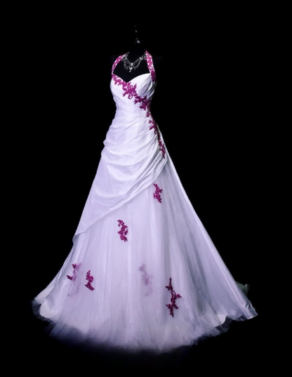 Chic A-Line Halter Evening Dress Satin Tulle White Prom Dress ED07379