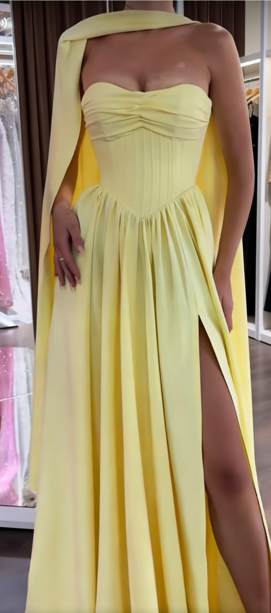 Elegant A-Line Strapless Evening Dress Long Satin Yellow Prom Dress ED07385