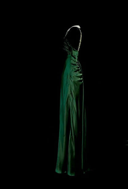 Robe de soirée fourreau élégante à col en V, longue en satin vert foncé, robe de bal ED07386