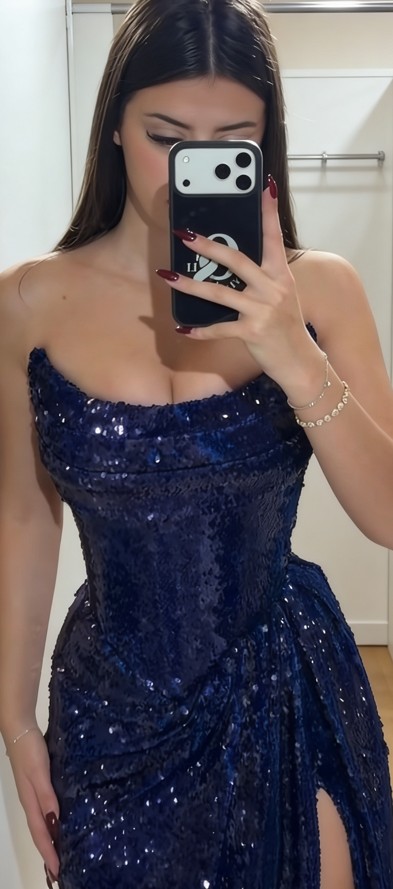 Elegant Sheath Strapless Evening Dress Long Sequins Navy Blue Prom Dress with Slit ED07387