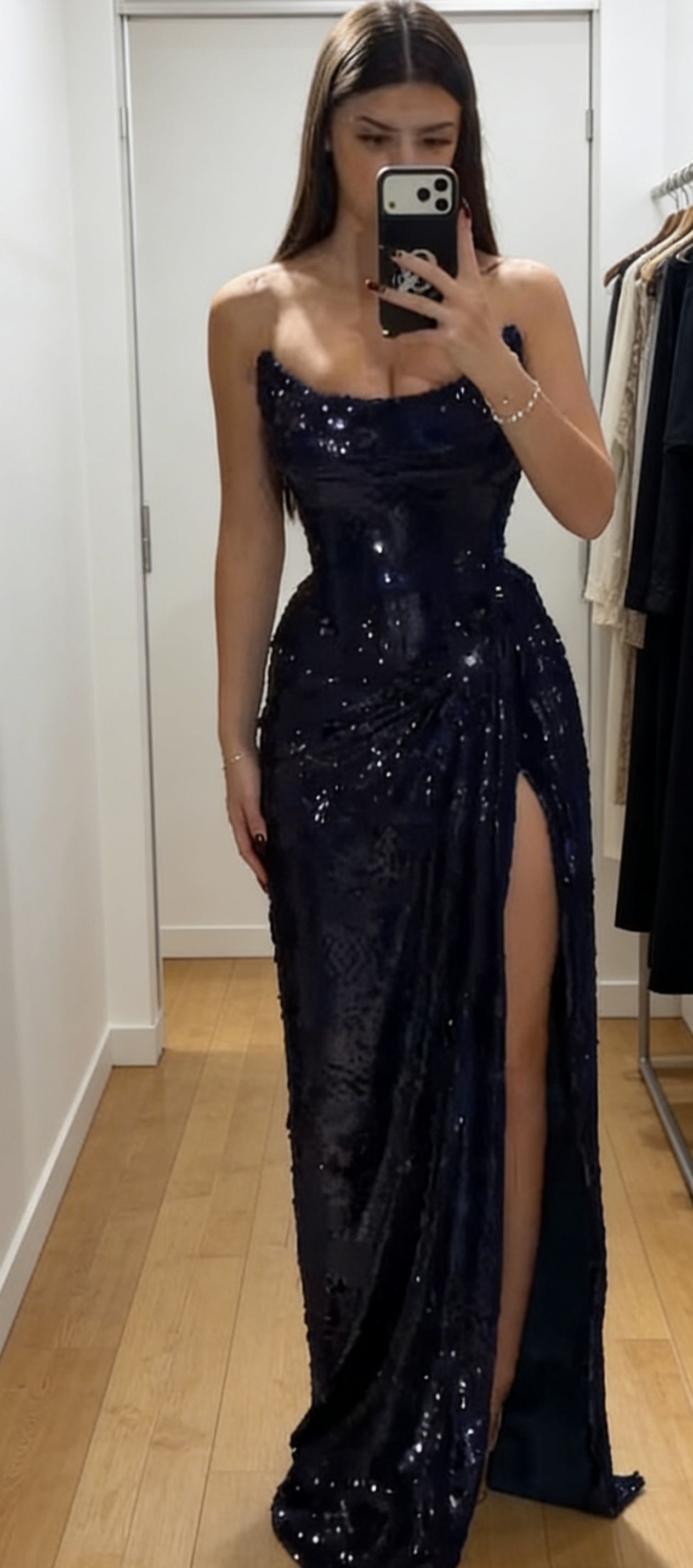 Elegant Sheath Strapless Evening Dress Long Sequins Navy Blue Prom Dress with Slit ED07387