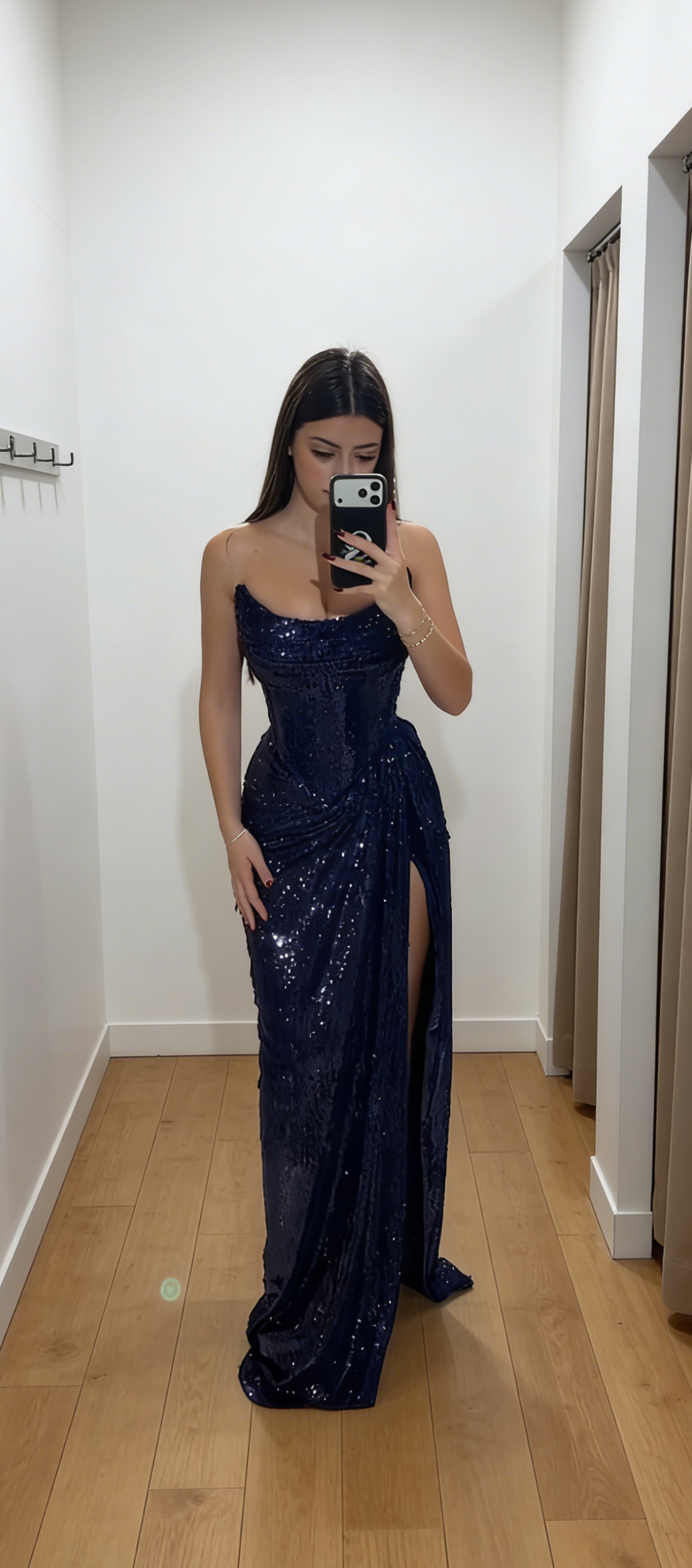 Elegant Sheath Strapless Evening Dress Long Sequins Navy Blue Prom Dress with Slit ED07387
