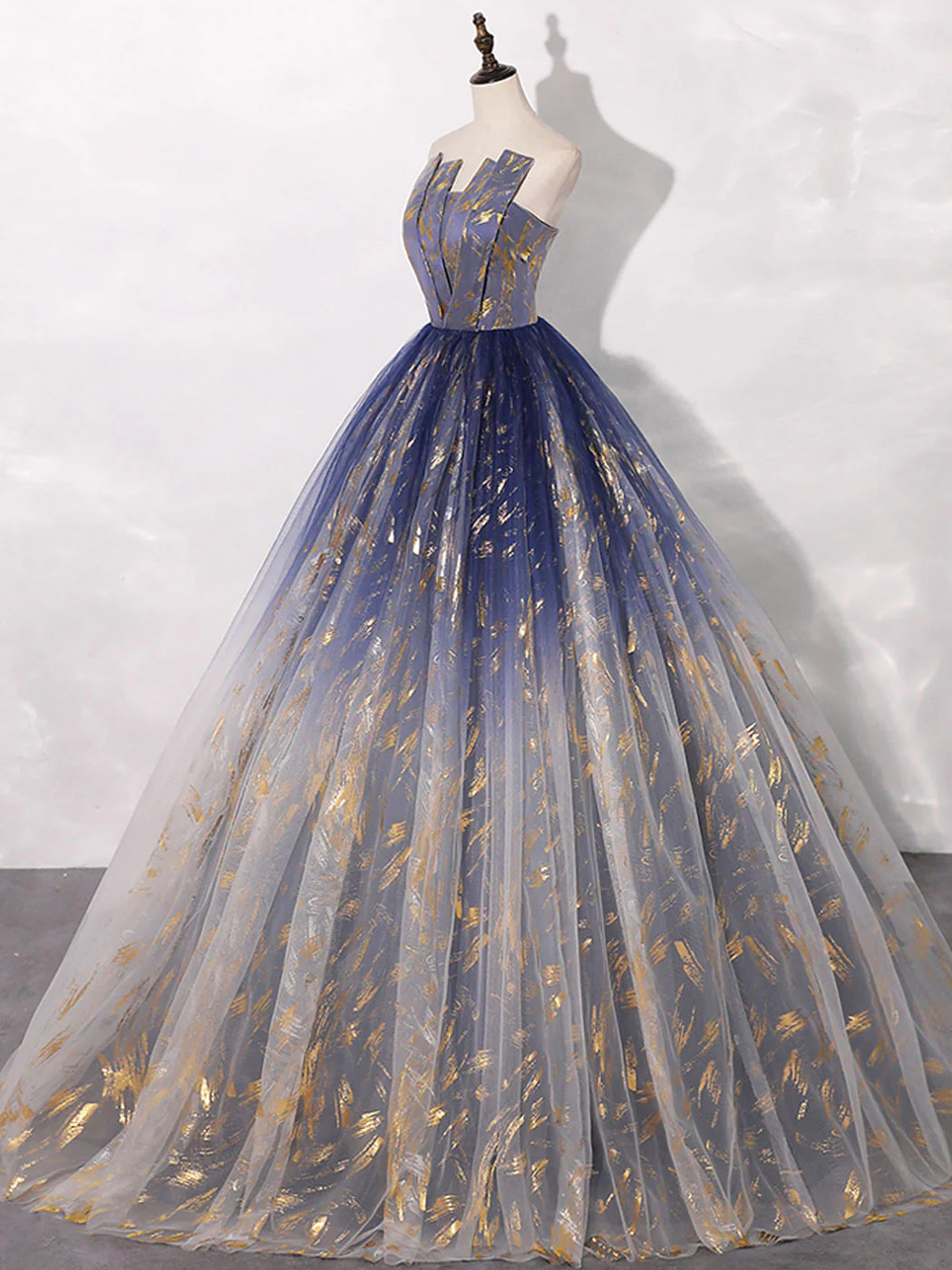 Robe de bal longue en tulle bleu, coupe trapèze, robe de soirée longue en tulle bleu ED0739