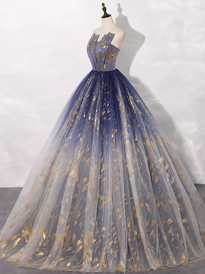 Robe de bal longue en tulle bleu, coupe trapèze, robe de soirée longue en tulle bleu ED0739