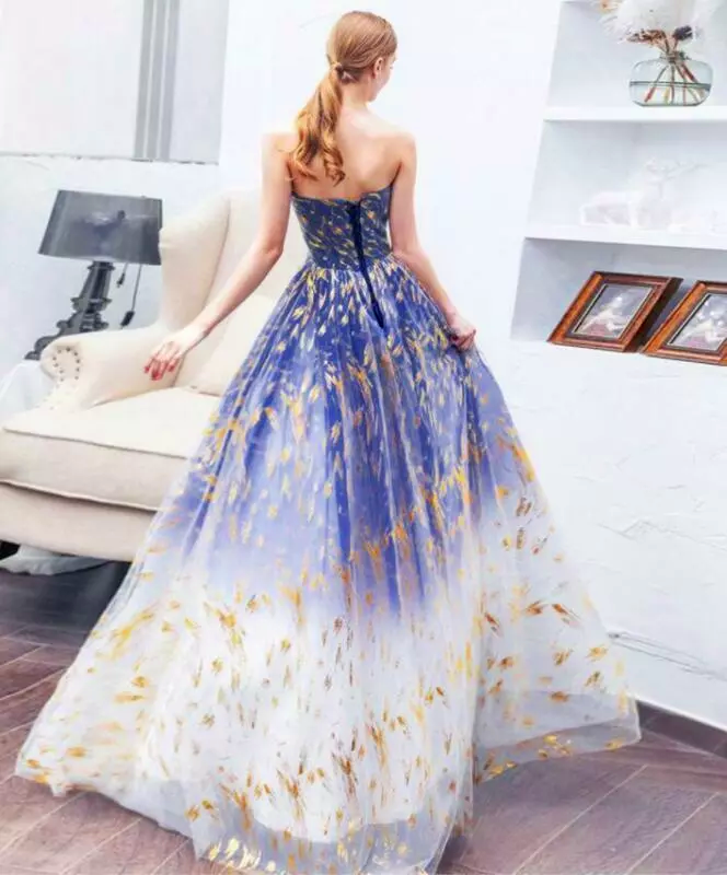 Robe de bal longue en tulle bleu, coupe trapèze, robe de soirée longue en tulle bleu ED0739