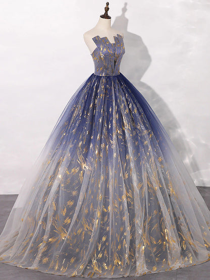 Robe de bal longue en tulle bleu, coupe trapèze, robe de soirée longue en tulle bleu ED0739