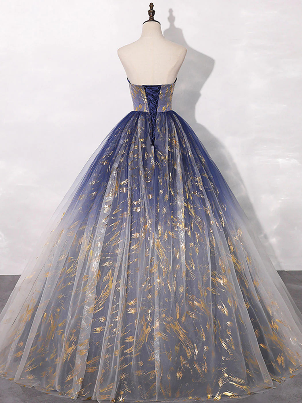 Robe de bal longue en tulle bleu, coupe trapèze, robe de soirée longue en tulle bleu ED0739