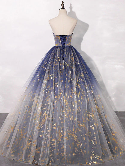 Robe de bal longue en tulle bleu, coupe trapèze, robe de soirée longue en tulle bleu ED0739