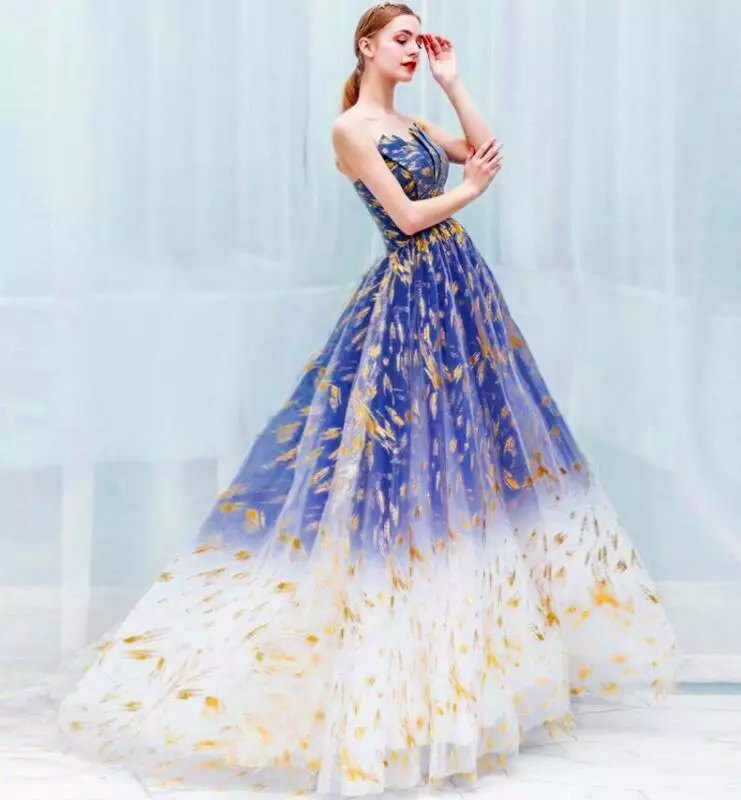 Robe de bal longue en tulle bleu, coupe trapèze, robe de soirée longue en tulle bleu ED0739