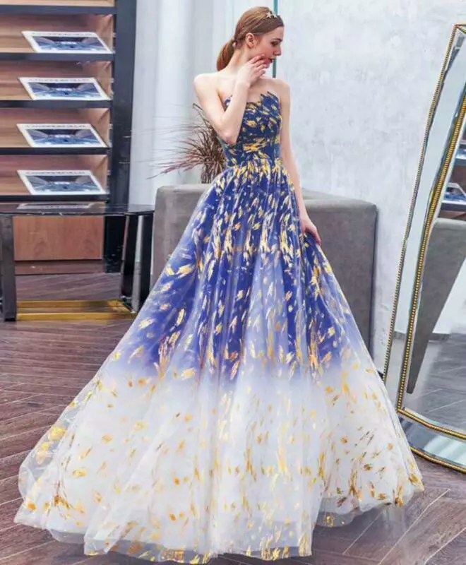 Robe de bal longue en tulle bleu, coupe trapèze, robe de soirée longue en tulle bleu ED0739