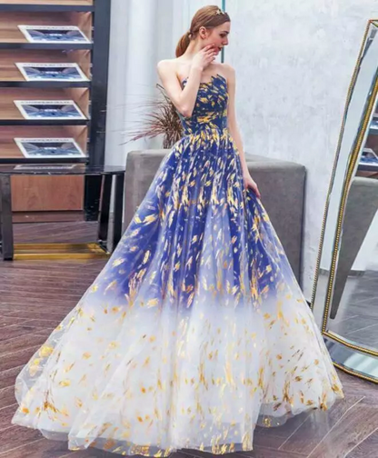Robe de bal longue en tulle bleu, coupe trapèze, robe de soirée longue en tulle bleu ED0739