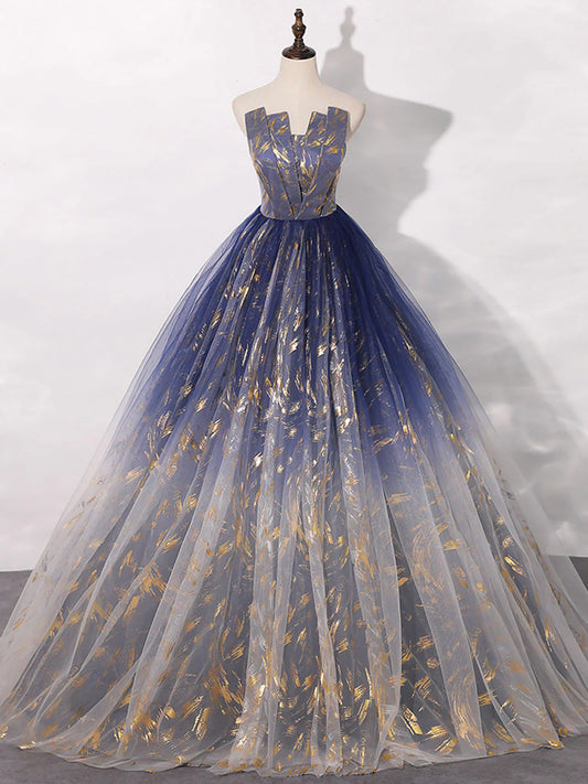 Robe de bal longue en tulle bleu, coupe trapèze, robe de soirée longue en tulle bleu ED0739