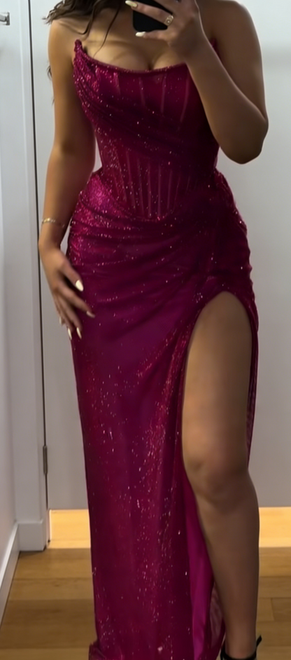 Classy Sheath Strapless Evening Dress Long Glitter Tulle Hot Pink Prom Dress with Slit ED07390