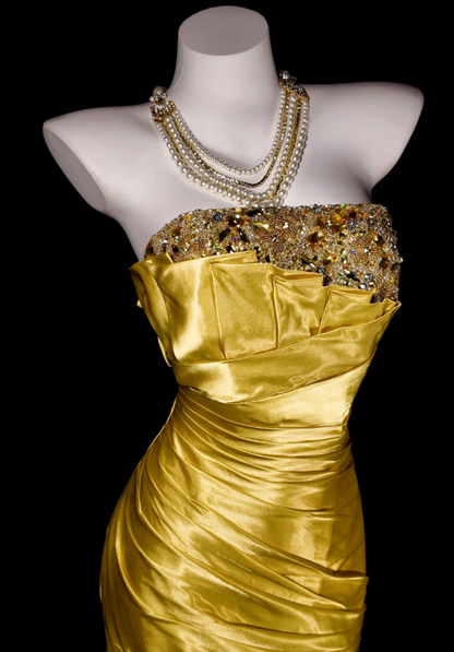 Robe de soirée fourreau élégante sans bretelles, longue en satin doré, robe de bal ED07392
