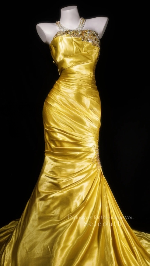 Robe de soirée fourreau élégante sans bretelles, longue en satin doré, robe de bal ED07392
