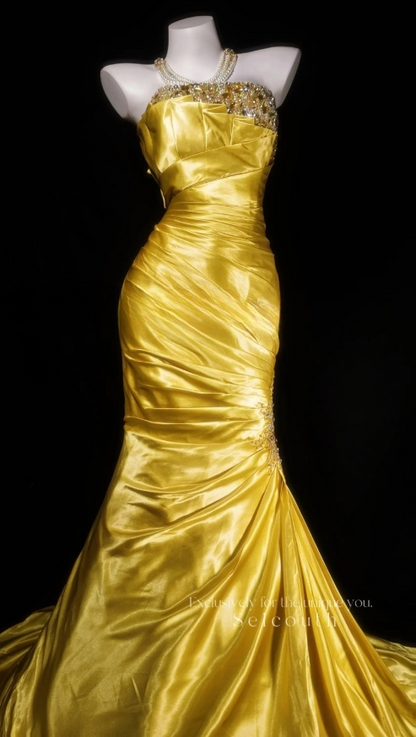 Robe de soirée fourreau élégante sans bretelles, longue en satin doré, robe de bal ED07392