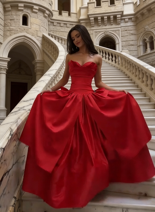 Chic A-Line Sweetheart Evening Dress Long Satin Red Prom Dress ED07393