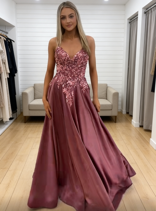 Chic A-Line Spaghetti Straps Evening Dress Long Satin Maroon Prom Dress ED07394