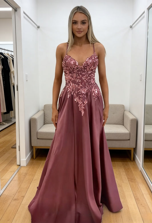 Chic A-Line Spaghetti Straps Evening Dress Long Satin Maroon Prom Dress ED07394