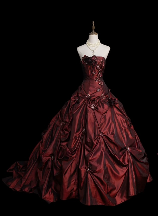 Chic A-Line Strapless Evening Dress Long Appliques Satin Burgundy Prom Dress ED07396