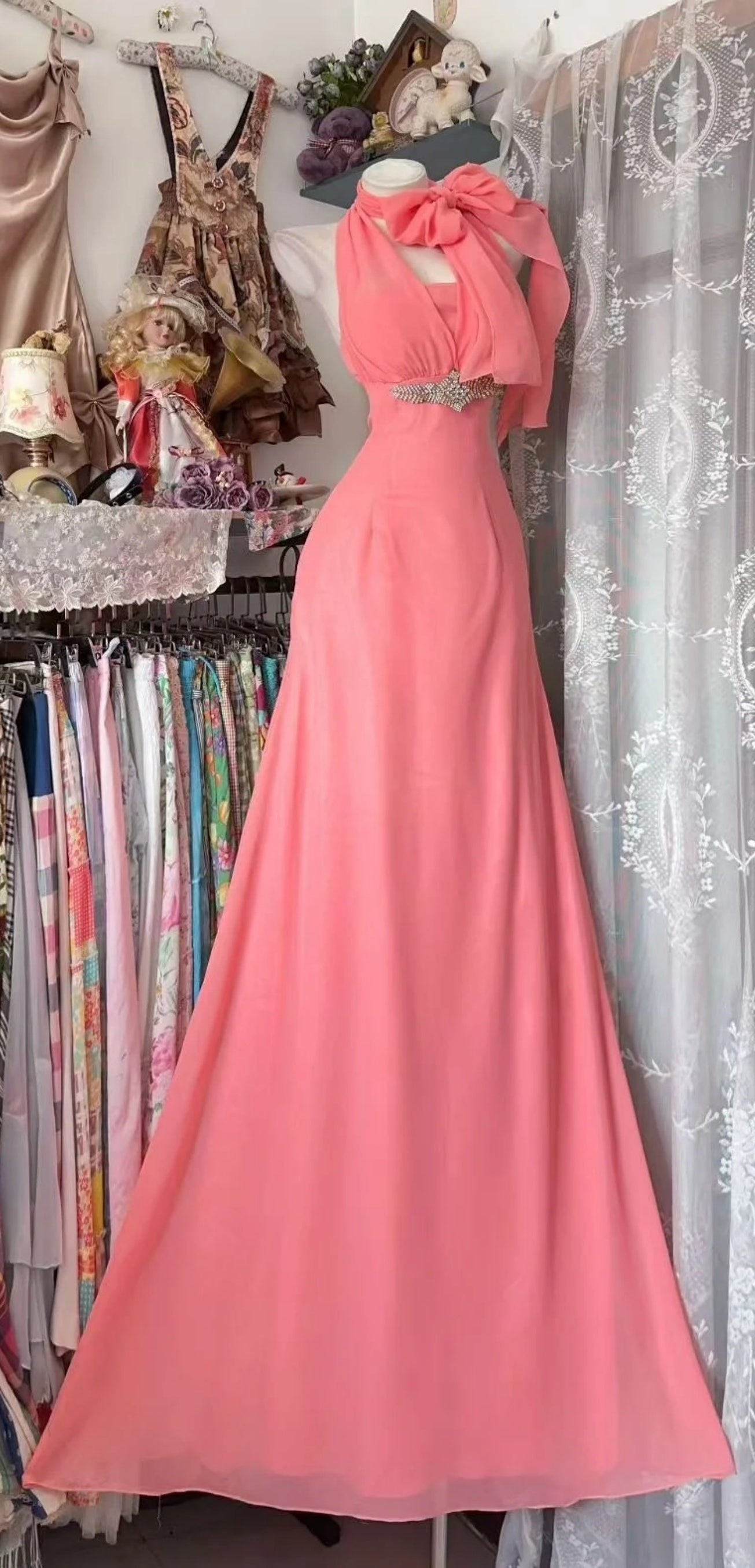 Robe de soirée fourreau chic à col halter, longue en mousseline pêche foncée, robe de bal ED07397
