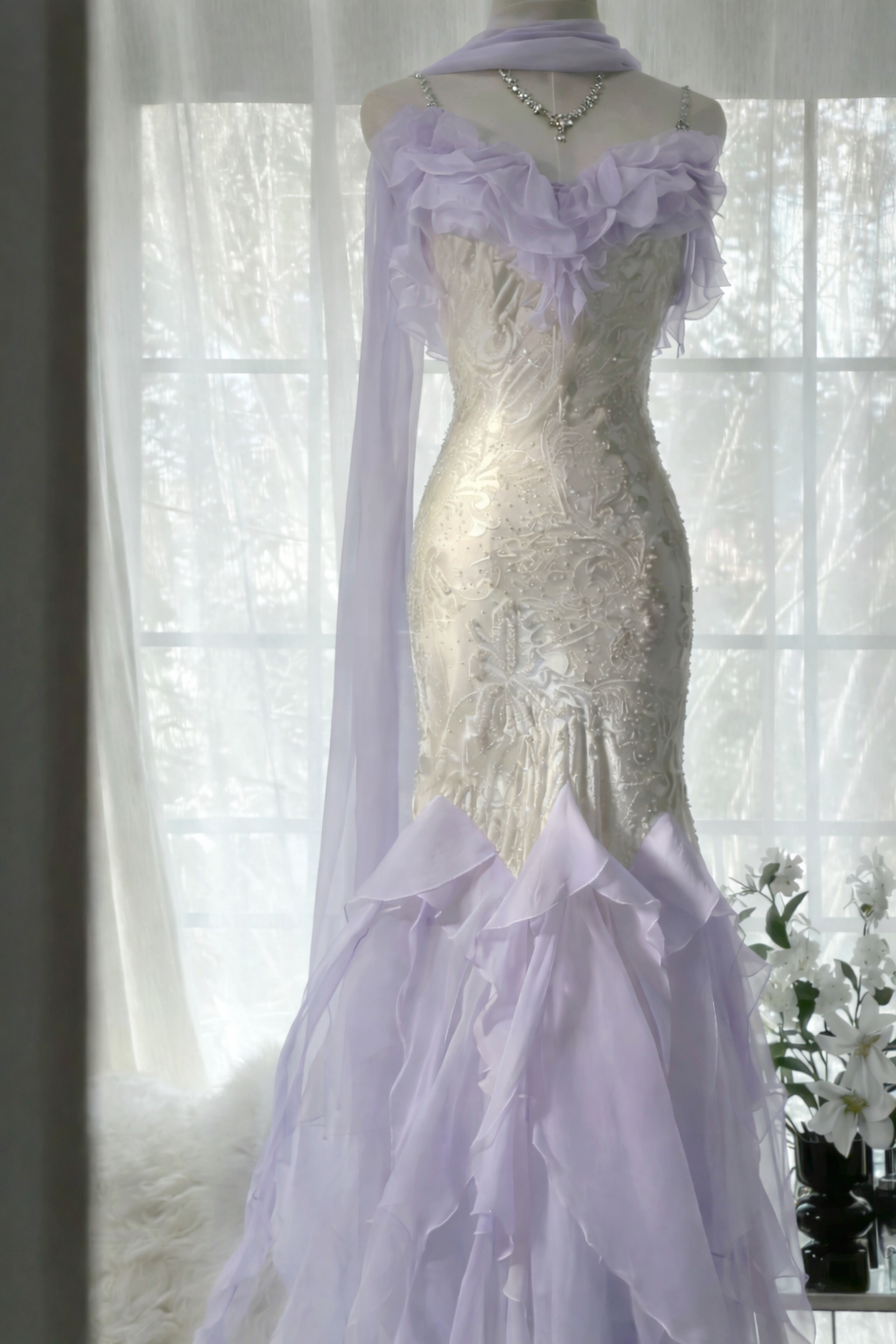 Chic Mermaid Spaghetti Straps Evening Dress Long Chiffon Beaded Light Purple Prom Dress ED07398