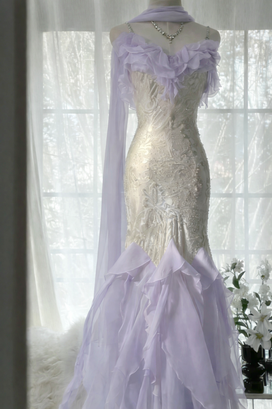 Elegantes Meerjungfrauen-Abendkleid mit Spaghettiträgern, langes Chiffonkleid mit Perlenbesatz, helllila, ED07398