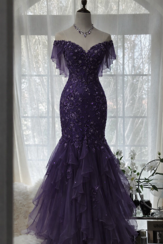 Elegantes Meerjungfrauen-Abendkleid mit schulterfreiem Schnitt, langes Chiffonkleid mit Perlenbesatz, dunkelviolett, Ballkleid ED07399