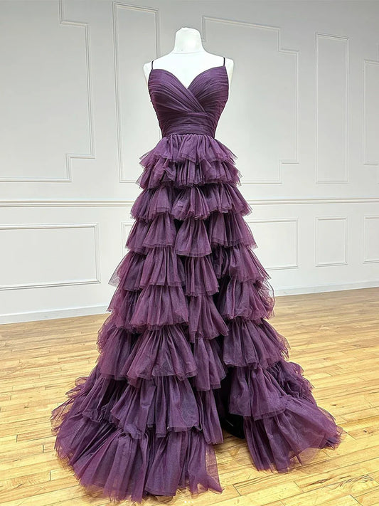A-Line Backless Tulle Purple Long Prom Dress, Tulle Long Formal Dress   ED074