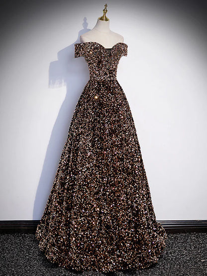 A-Line Off Shoulder Coffee Gold Sequin Long Prom Dress, Coffee Gold Formal Dress ED0740